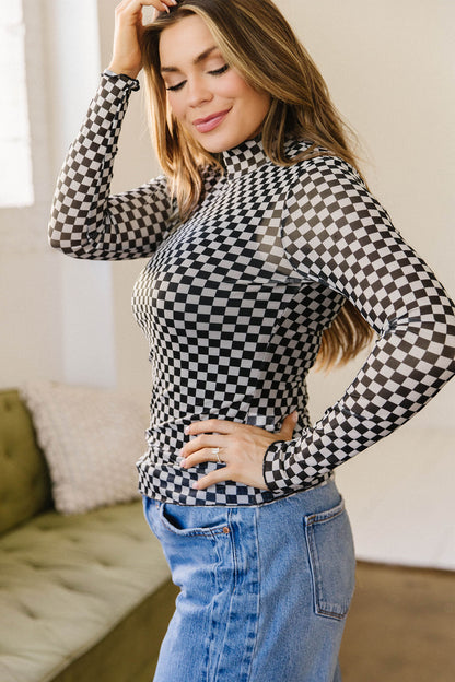 Black Plaid Stand Neck Long Sleeve Mesh Top