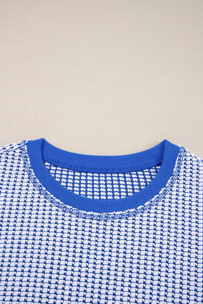 Dark Blue Waffle Knit Exposed Stitching Casual Top with Side Slits