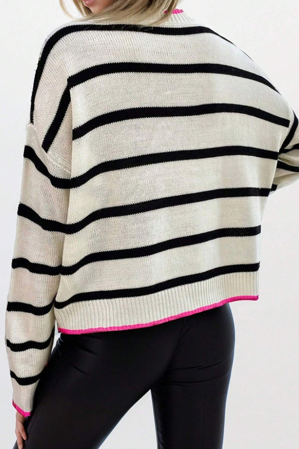 White Stripe Color Contrast Drop Shoulder Crew Neck Sweater