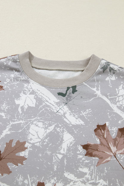 Gray Maple Leaf Camo Print Varsity Striped Sleeve Casual Sweatshirt