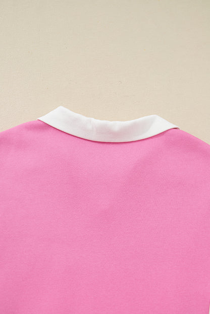 Pink Plus Size Contrast Polo Collar Floral Patchwork Elastic Cuffs Long Sleeve Top