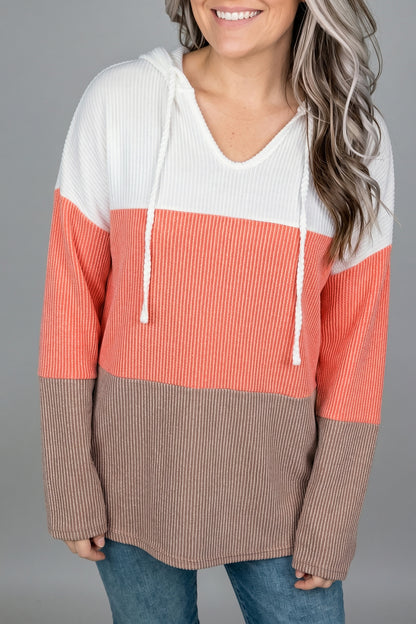 Gold Flame Ribbed Colorblock Hooded Pullover Long Sleeve Top