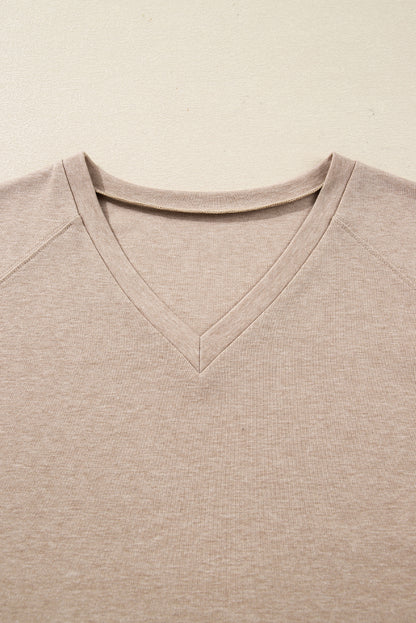 Oatmeal V Neck Contrast Lace Patchwork Long Sleeve Top