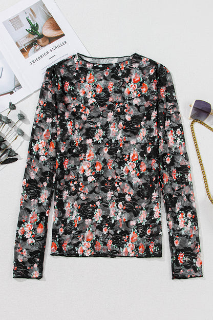 Black Floral Mesh Sheer Long Sleeve Top