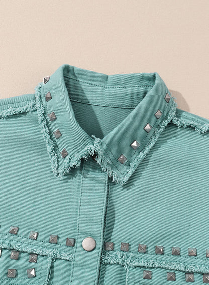 Mist Green Frayed Trim Riveted Denim Jacket