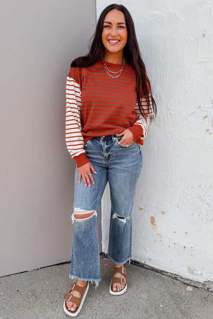 Orange Stripe Contrast Sleeve Patchwork Drop Shoulder Long Sleeve Sweatshirt