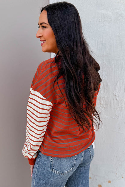 Orange Stripe Contrast Sleeve Patchwork Drop Shoulder Long Sleeve Sweatshirt