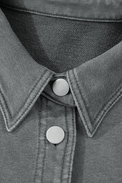 Medium Grey Mineral Wash Chest Pockets Drop Shoulder Shacket with Side Slit