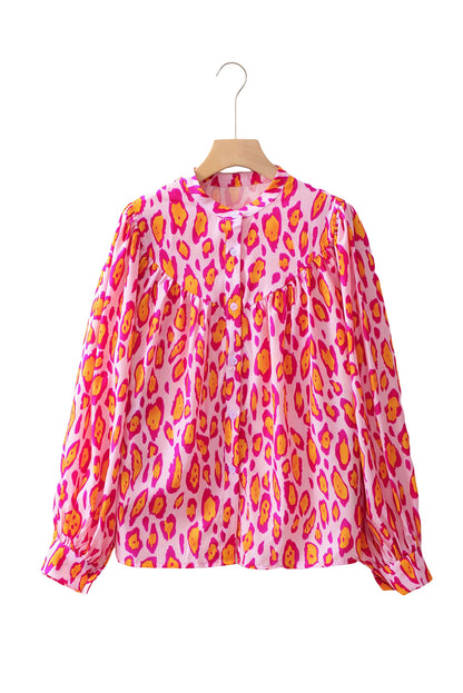 Rose Red Oversized Leopard Print Balloon Sleeve Casual Shirt