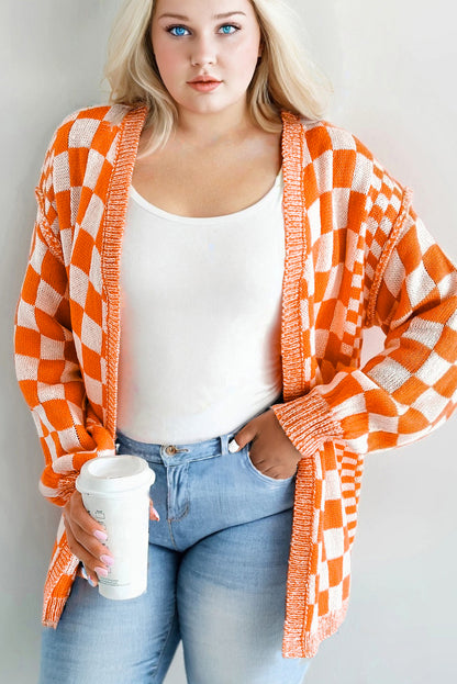 Orange Checkered Bubble Sleeve Drop Shoulder Open Cardigan