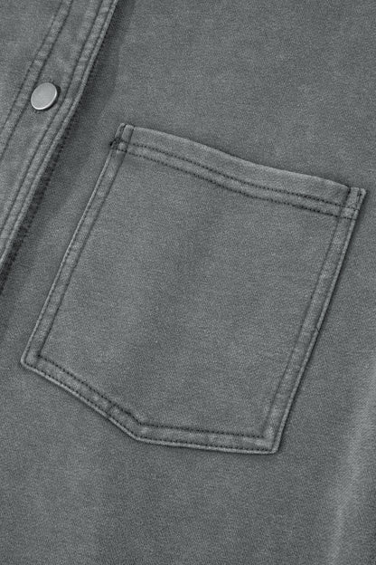Medium Grey Mineral Wash Chest Pockets Drop Shoulder Shacket with Side Slit