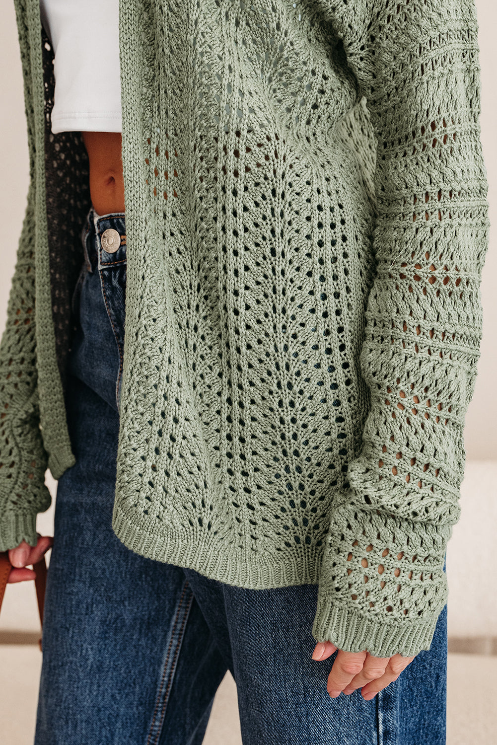 Green Bay Scalloped Edge Eyelet Knit Batwing Sleeve Cardigan