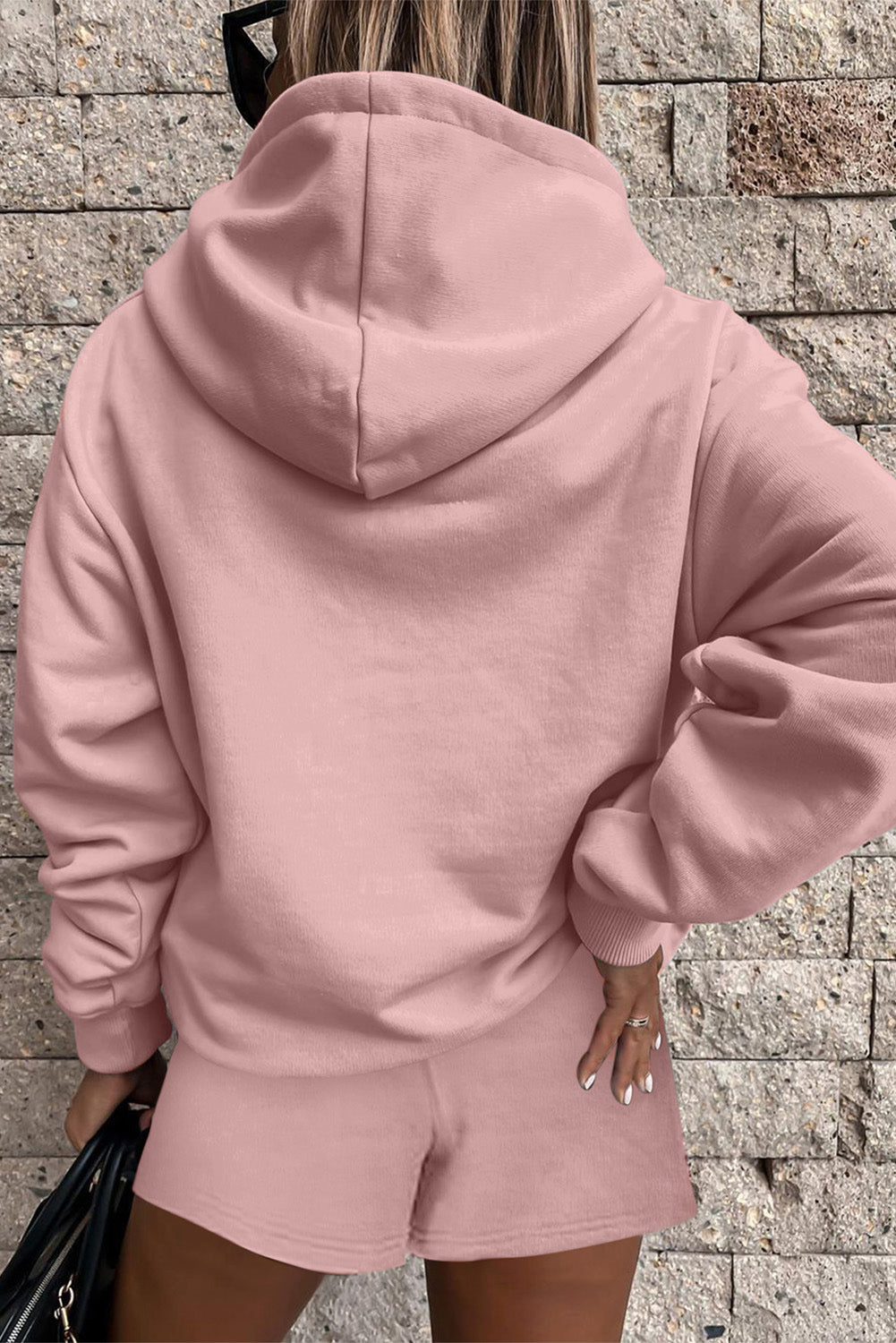 Peach Blossom Button Drawstring Hooded Pullover and Casual Short Set