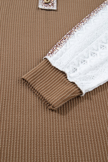 Dark Khaki Twisted Ribbed Leopard Lace Contrast Patchwork Long Sleeve Top