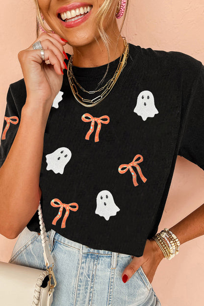 Black Sequin Bow Ghost Patched Halloween Graphic Tee