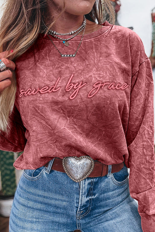 Mineral Red saved by grace Letter Embroidery Mineral Wash Loose Sweatshirt