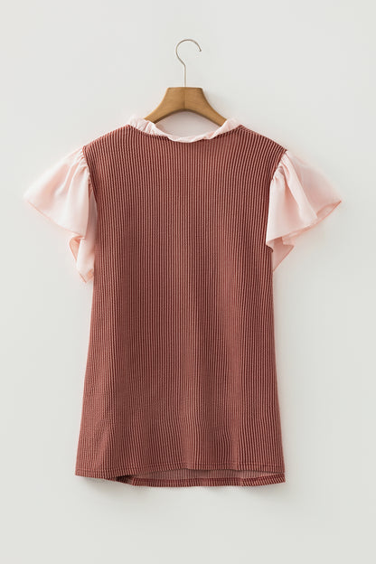 Rose Pink Plus Size Contrast Frilled Neckline Ruffled Short Sleeve Ribbed Textured Blouse