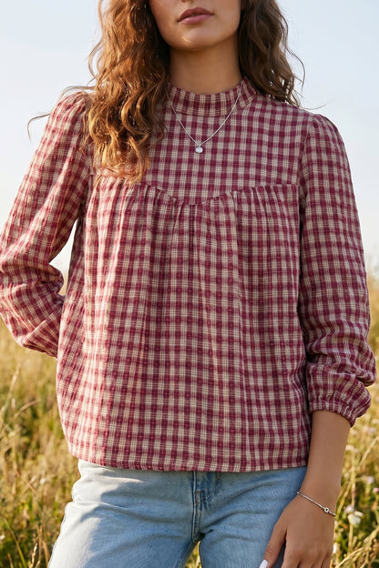Coral Country Plaid Long Sleeve Button Keyhole Pleated Loose Blouse