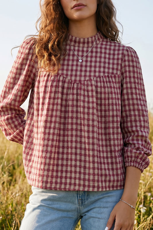 Coral Country Plaid Long Sleeve Button Keyhole Pleated Loose Blouse