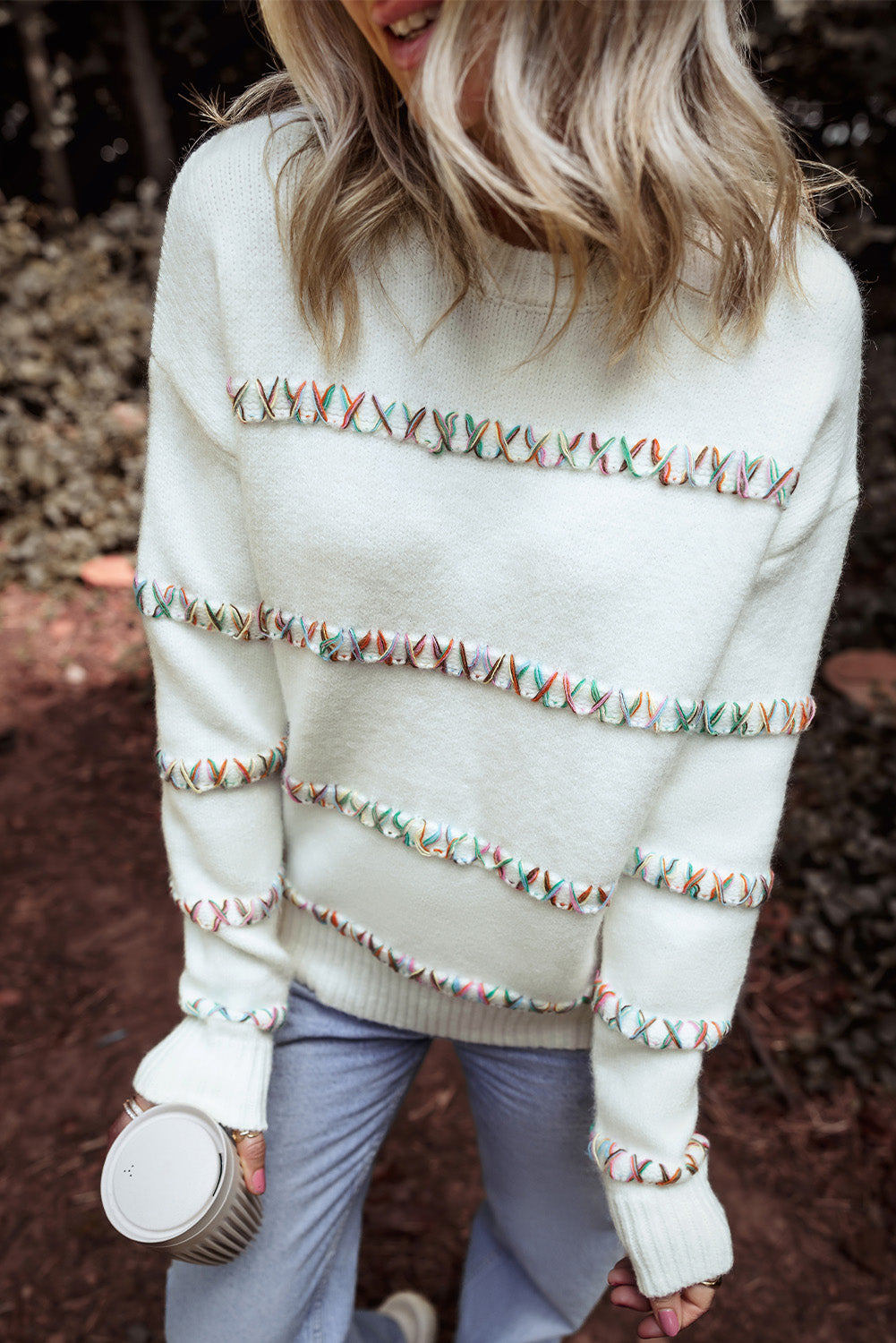 White Colorful Crossed Stitch Drop Shoulder Sweater