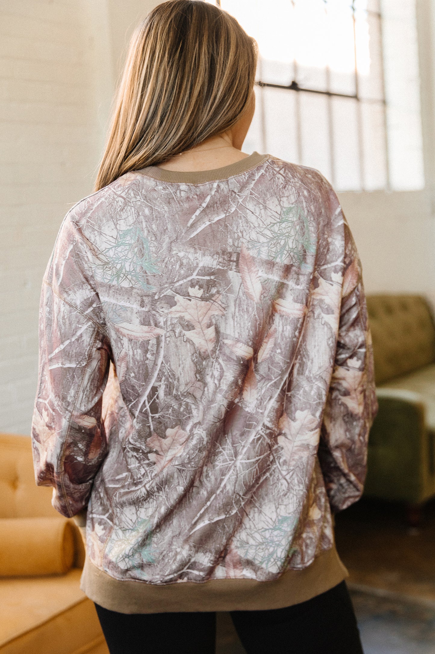 Brown Abstract Camo Print Color Block Detail Baggy Pullover Sweatshirt