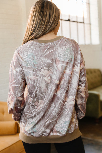 Brown Abstract Camo Print Color Block Detail Baggy Pullover Sweatshirt