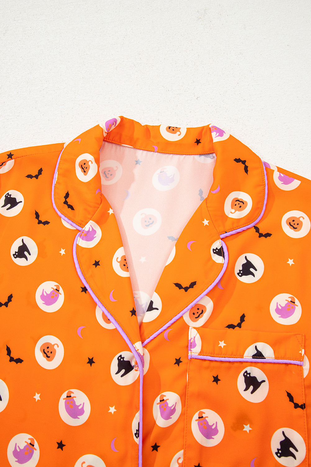Orange Halloween Print Lapel Shirt Long 2pcs Pajama Set