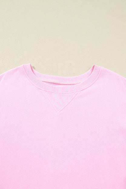 Pink Plus Size Mix Floral Patched Sleeve Ribbed Trim Baggy Sweatshirt