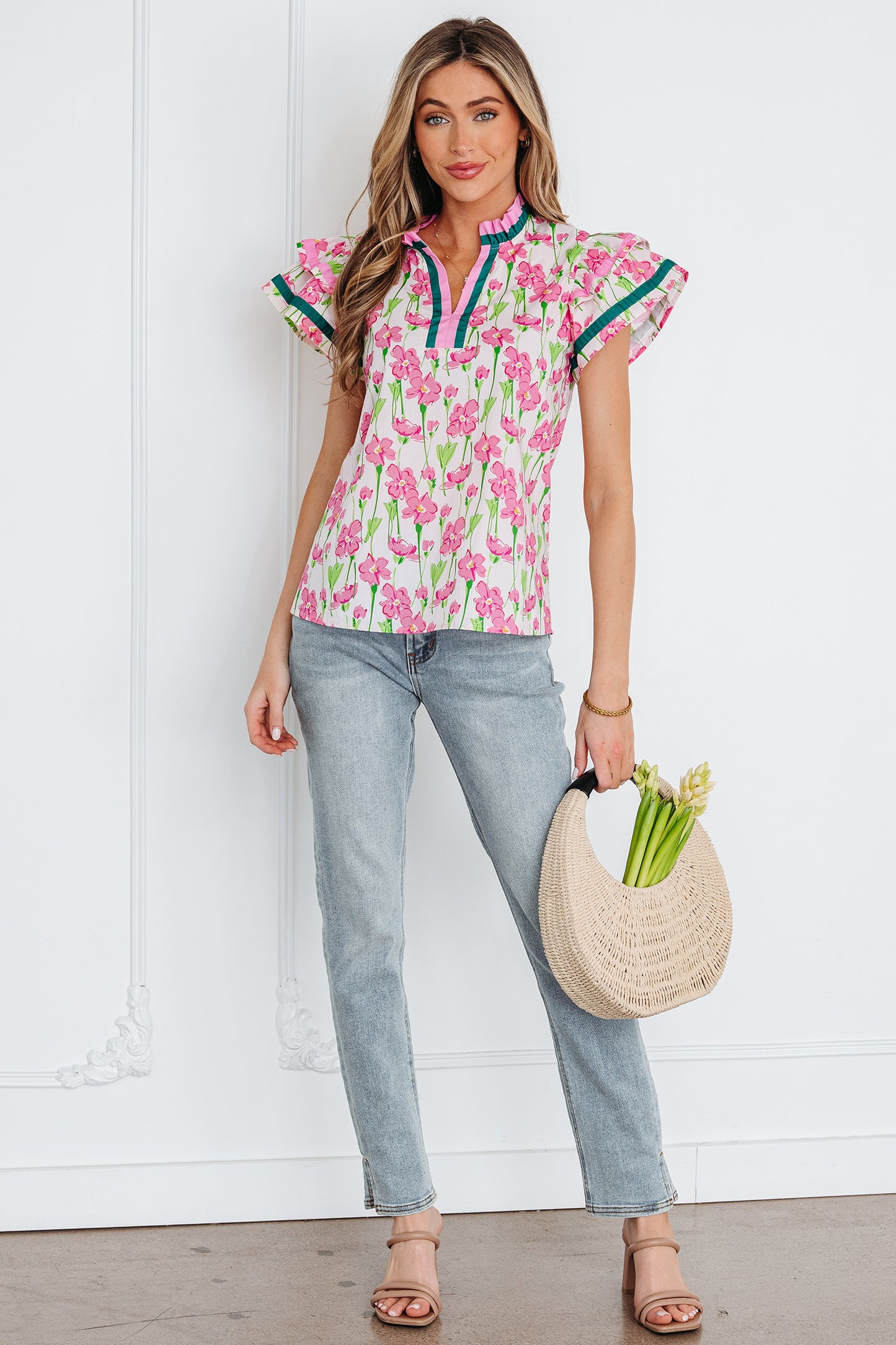 Pink Floral Print Contrast Trim V Neck Double Ruffled Short Sleeve Blouse