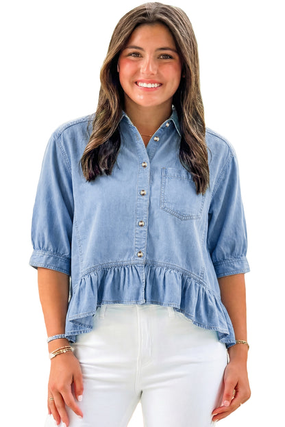 Beau Blue Half Sleeve Button Down Ruffled High Low Chambray Shirt
