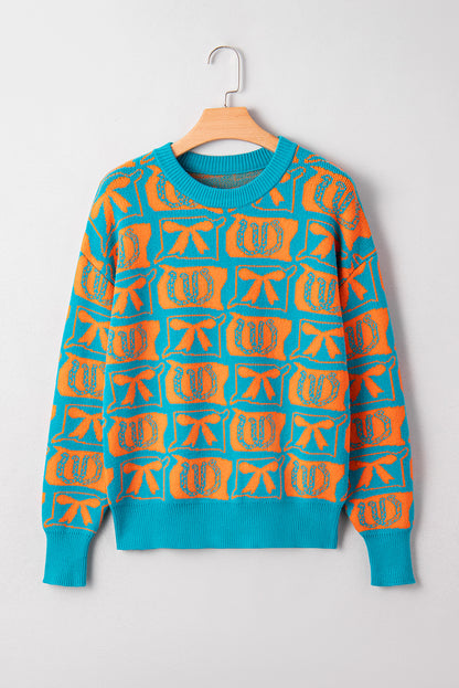 Light Blue Bows & Horseshoes Pattern Western Fashion Print Sweater