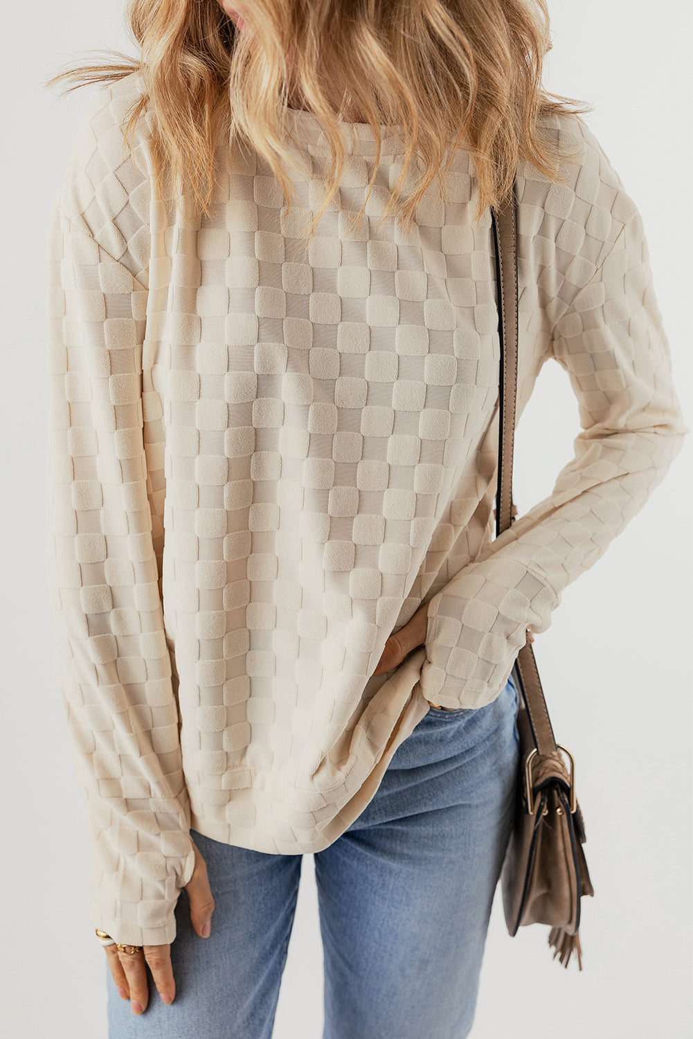 Beige Solid Textured Thumbhole Sleeve Top