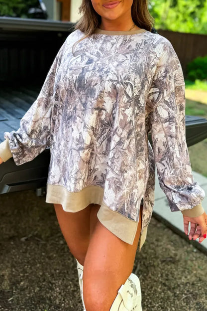 Khaki Abstract Camo Print Colorblock Trim Side Split Tunic Sweatshirt