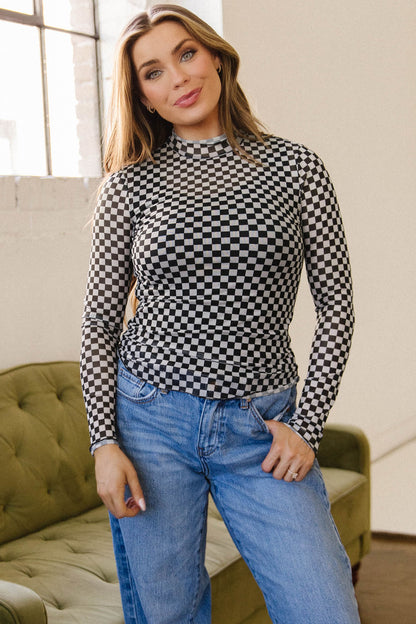 Black Plaid Stand Neck Long Sleeve Mesh Top