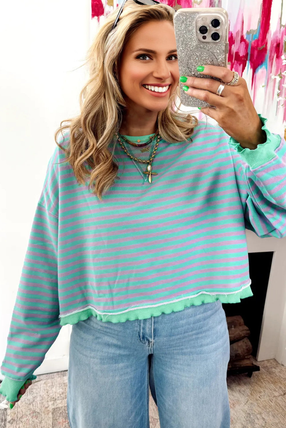 Green Stripe Exposed Seam Contrast Ribbed Trim Oversize Sweatshirt