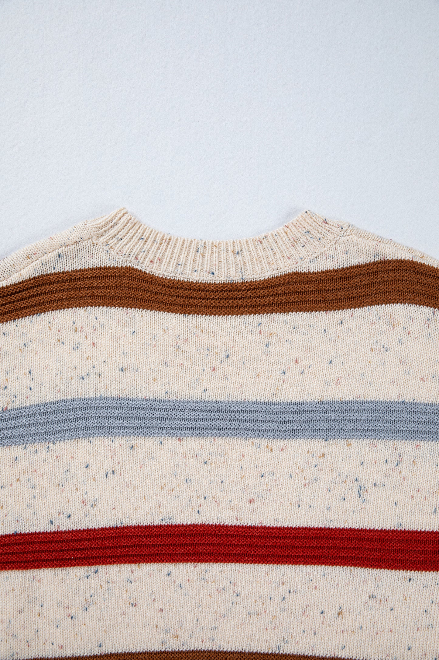Beige Stripe Exposed Seam Drop Shoulder Heathered Knit Sweater