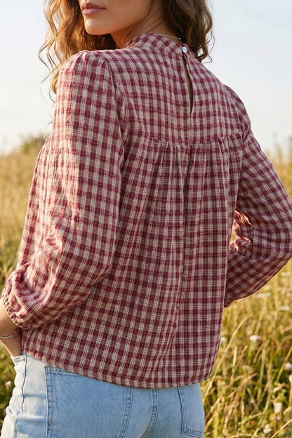 Coral Country Plaid Long Sleeve Button Keyhole Pleated Loose Blouse