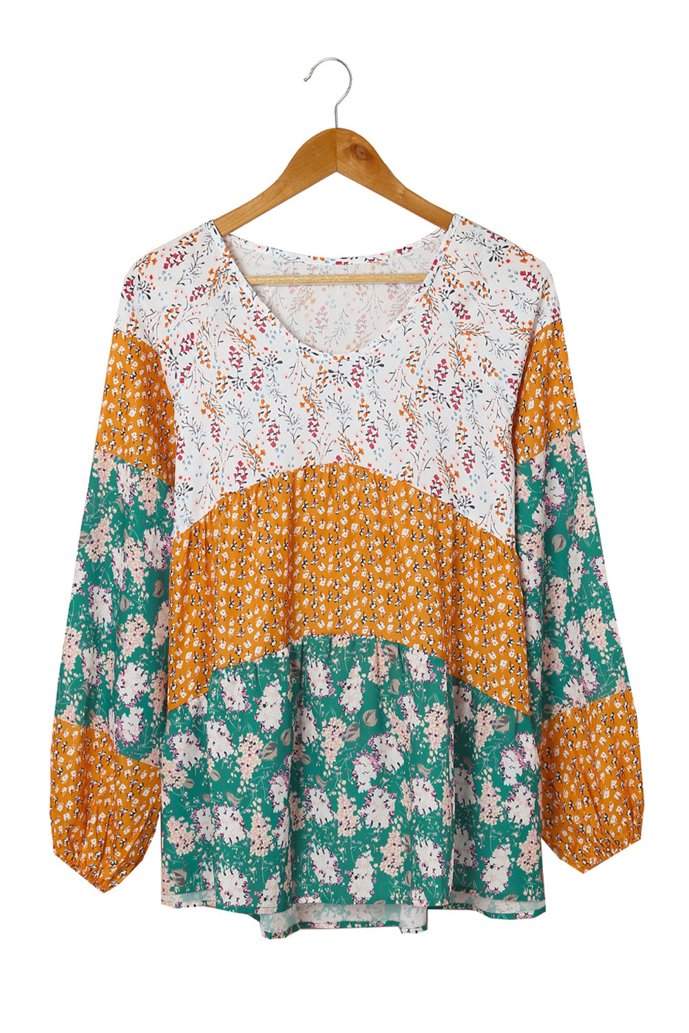 Green Color Block Floral Print Loose Blouse