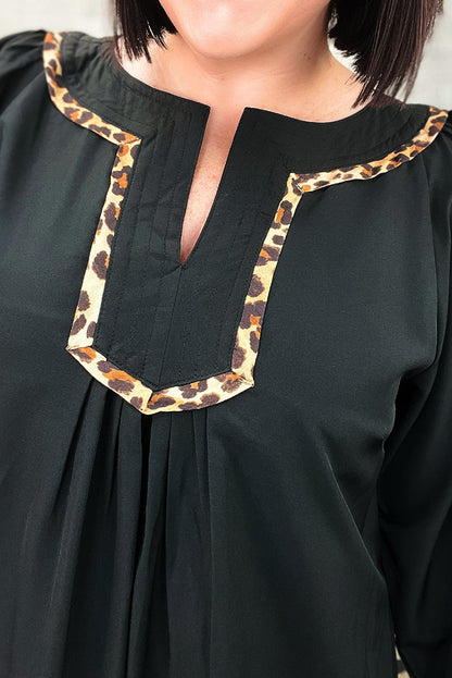 Black Plus Size Notched Neck Leopard Trim Flounce Long Sleeve Shift Dress