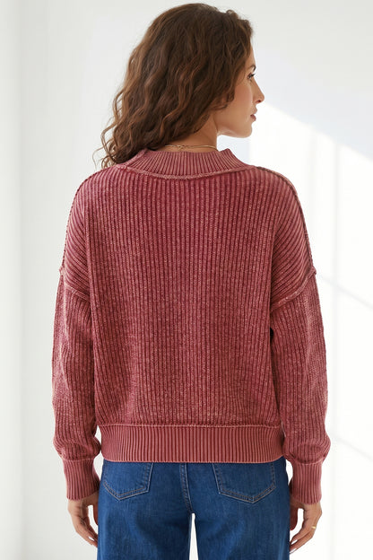 Red Dahlia Drop Shoulder High Neck Ribbed Sweater