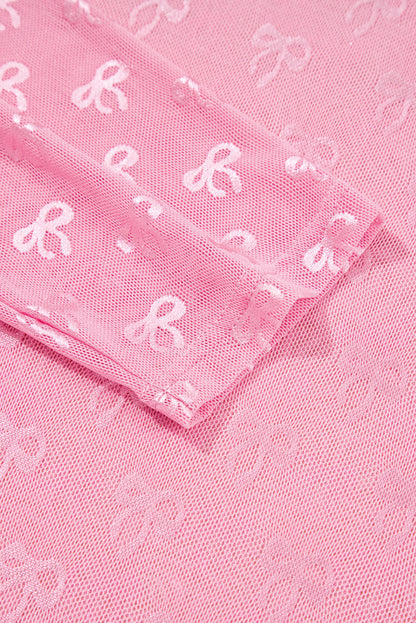 Pink Plus Size Bow Embroidered Mesh Long Sleeve Top