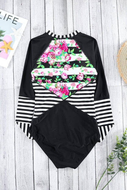 Floral Striped Patchwork Rashguard One-piece Swimsuit