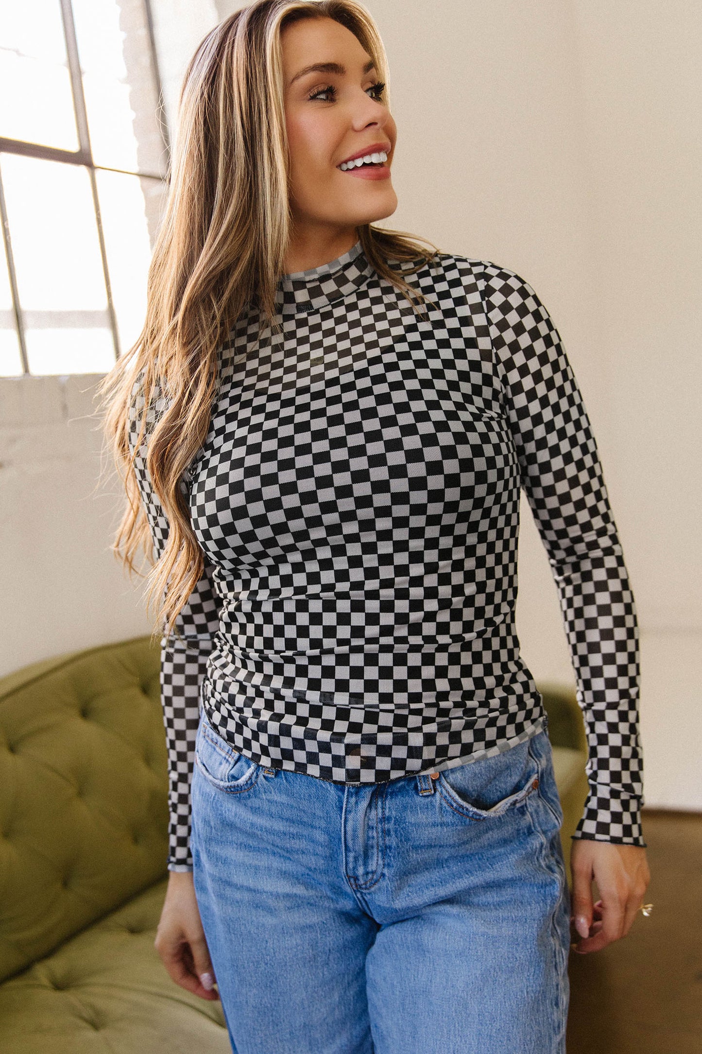Black Plaid Stand Neck Long Sleeve Mesh Top