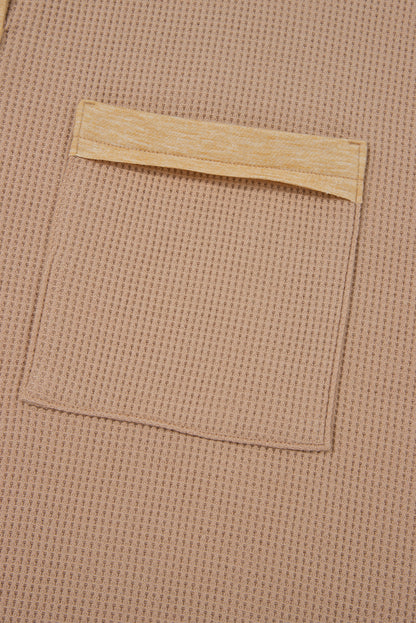 Dark Khaki Color Block Waffle Textured Tunic Henley Top with Slits