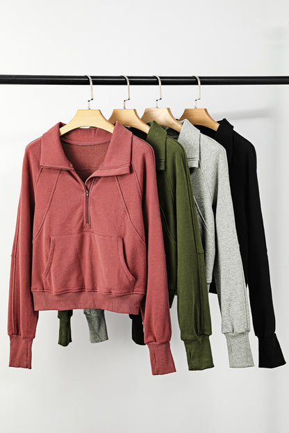 Green Fleece Lined Zip Up Stand Collar Thumbhole Sleeve Sweatshirt