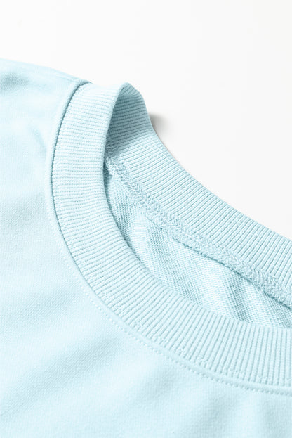 Mist Blue Drop Shoulder Puff Sleeve Crop Pullover Drawstring Wide Leg Pants Set