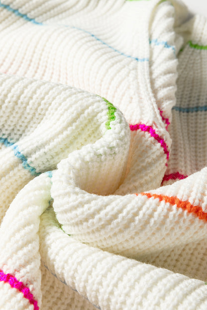 White Colorful Striped Detail V Neck Drop Shoulder Baggy Sweater