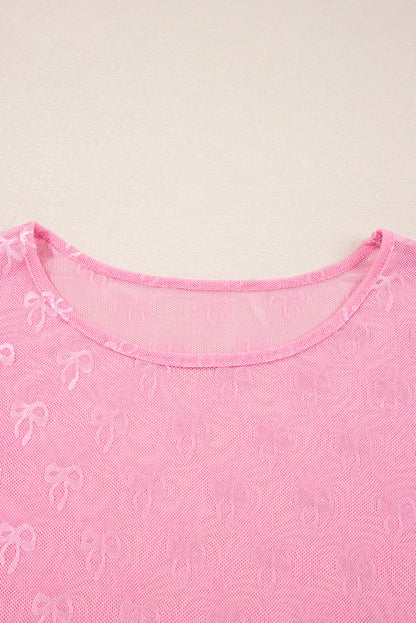 Pink Plus Size Bow Embroidered Mesh Long Sleeve Top
