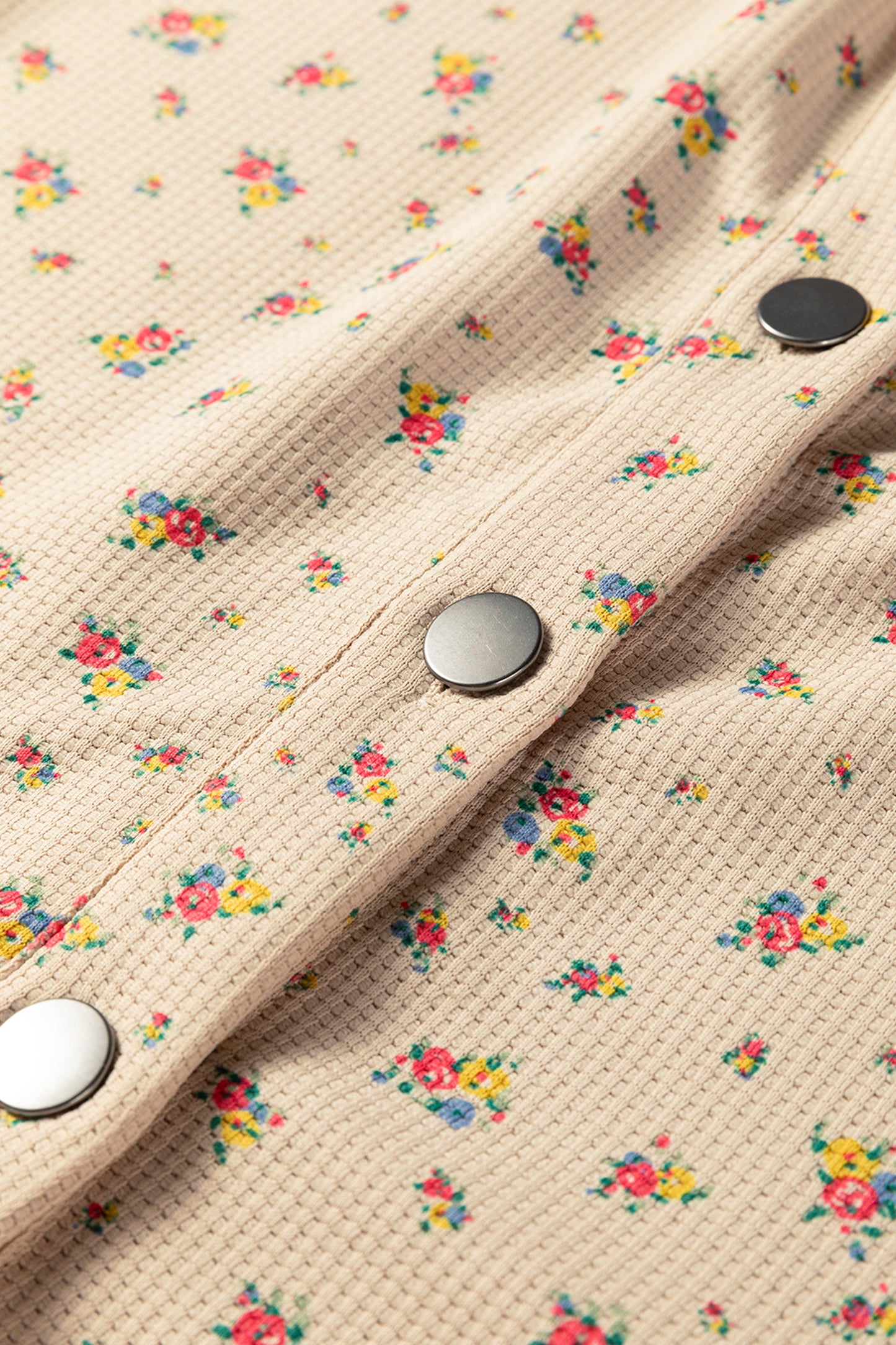 Mist Green Boho Floral Plaid Patchwork Distressed Detail Ruffled Sleeve Waffle Knit Shacket