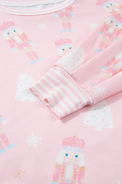 Pink Christmas Tree Nutcracker Doll Print Contrast Trim Long Sleeve Top Matching Shorts Set